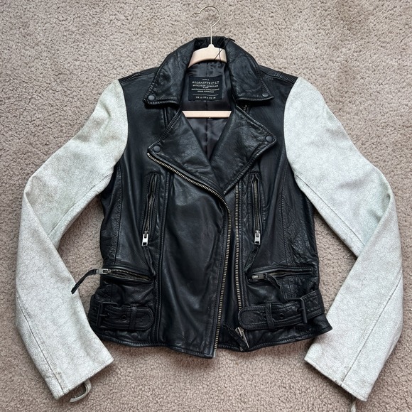 AllSaints Albany Biker Moto Leather Jacket Women US 6 Distressed White Sleeves - Picture 1 of 12
